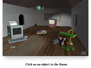 Designed a 3D room with objects for targeted topics; TV for entertainment, Smart Toaster for DTP, Solar System as science, Book is Education. Clicking  magic Banker’s Lamp flew audiences to financial screen.  Wiring video control and mixing PiP video for immersion telling Macromedia Director to play laserdisc sequences of pre-rendered 3D flight sequence, Dragon’s Lair style.